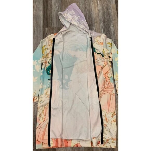 Anime-Inspired Hooded Longline Jacket Zipper Front Floral Art Allover Print 2LX - Picture 5 of 16